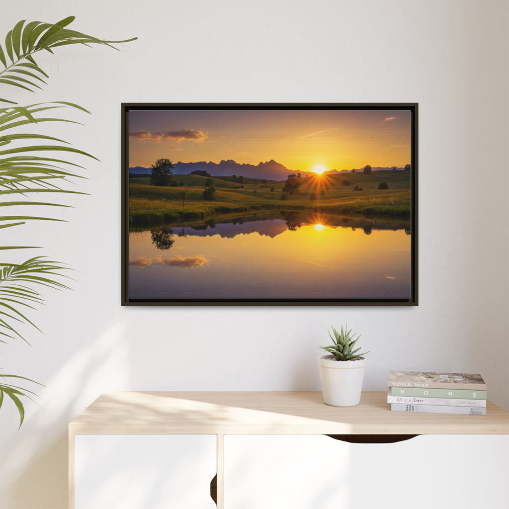 Framed Matte Canvas Sunset Landscape — Serene Lake Reflection Wall Art