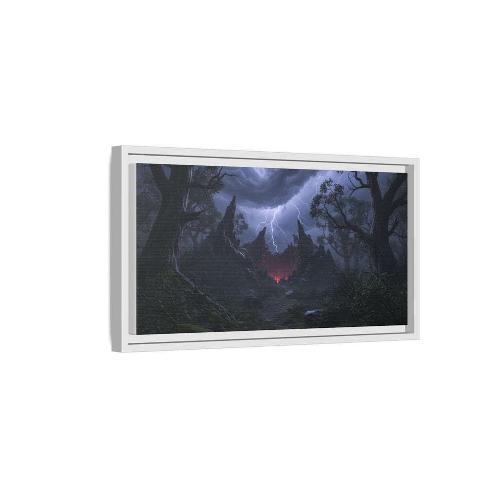 Dark Storm Forest Framed Canvas Print — Lightning, Haunted Castle Art