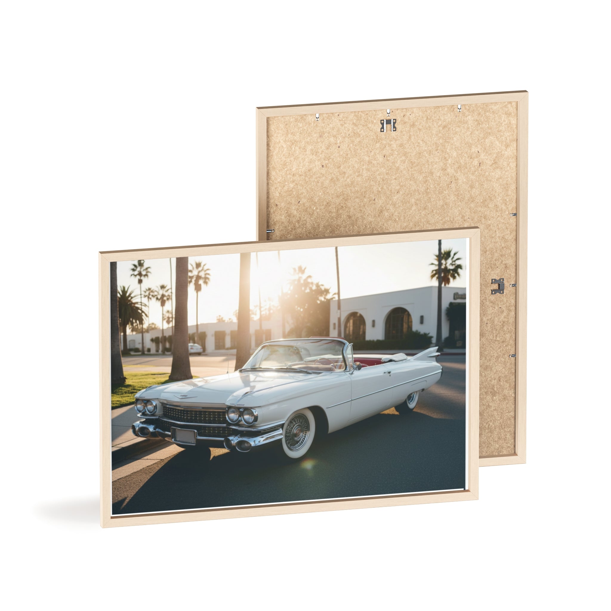Vintage Cadillac Convertible Poster with Wooden Frame — Retro Palm Trees Sunset Wall Art