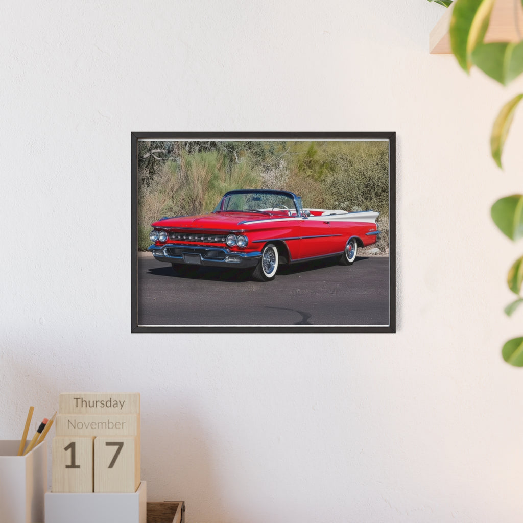 Vintage Red Convertible Car Poster with Wooden Frame — Classic Auto Wall Art