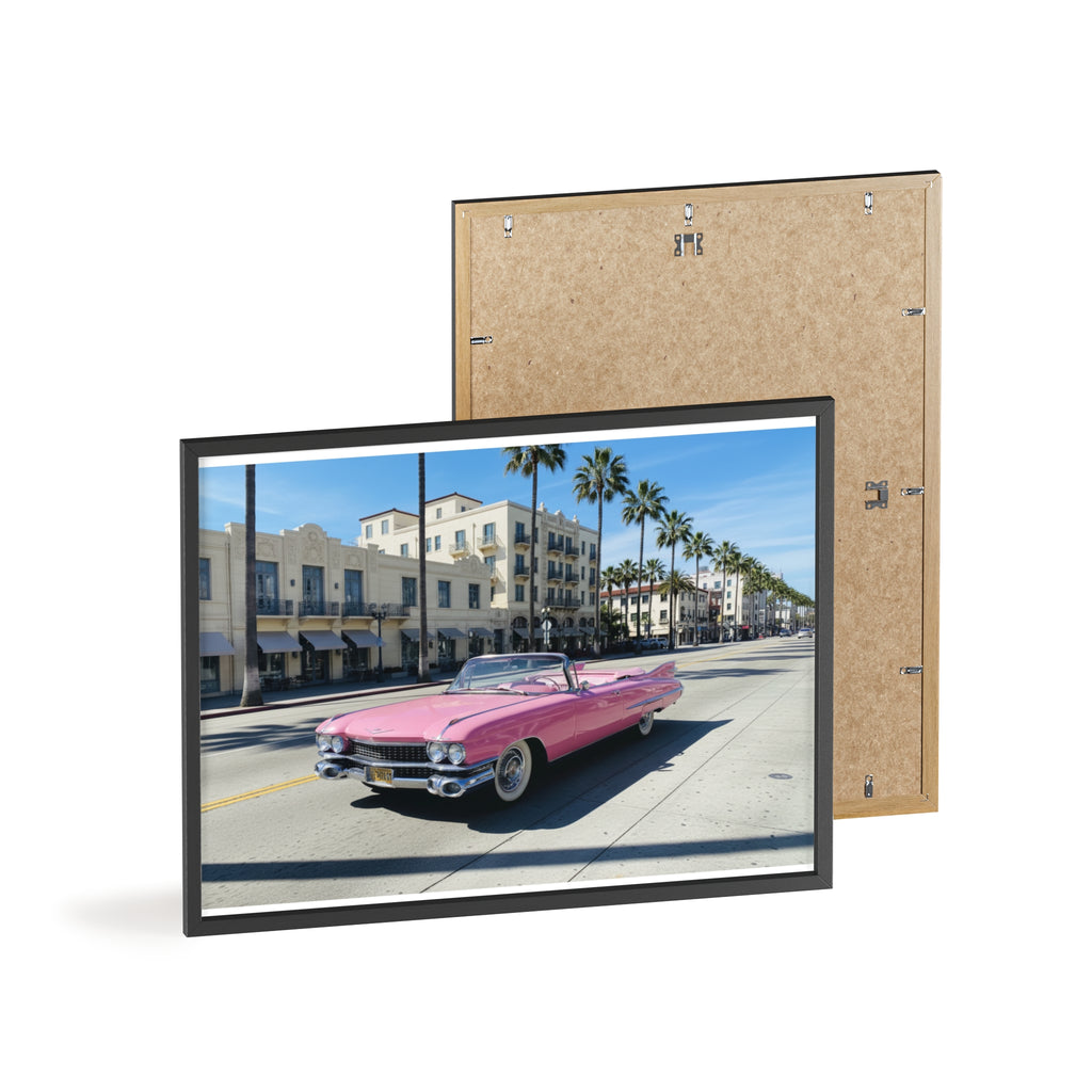 Retro Pink Cadillac Poster with Wooden Frame — Vintage Palm-Drive Wall Art