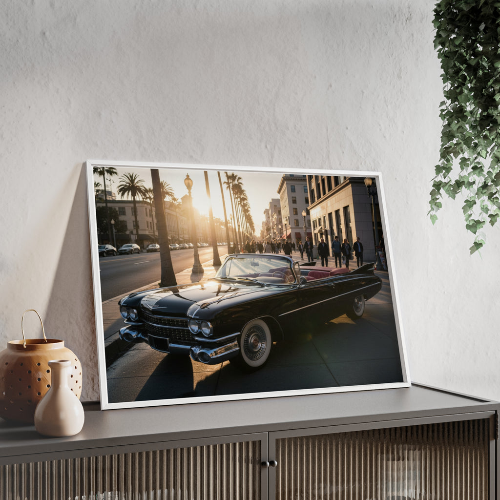 Vintage Convertible Sunset Poster with Wooden Frame