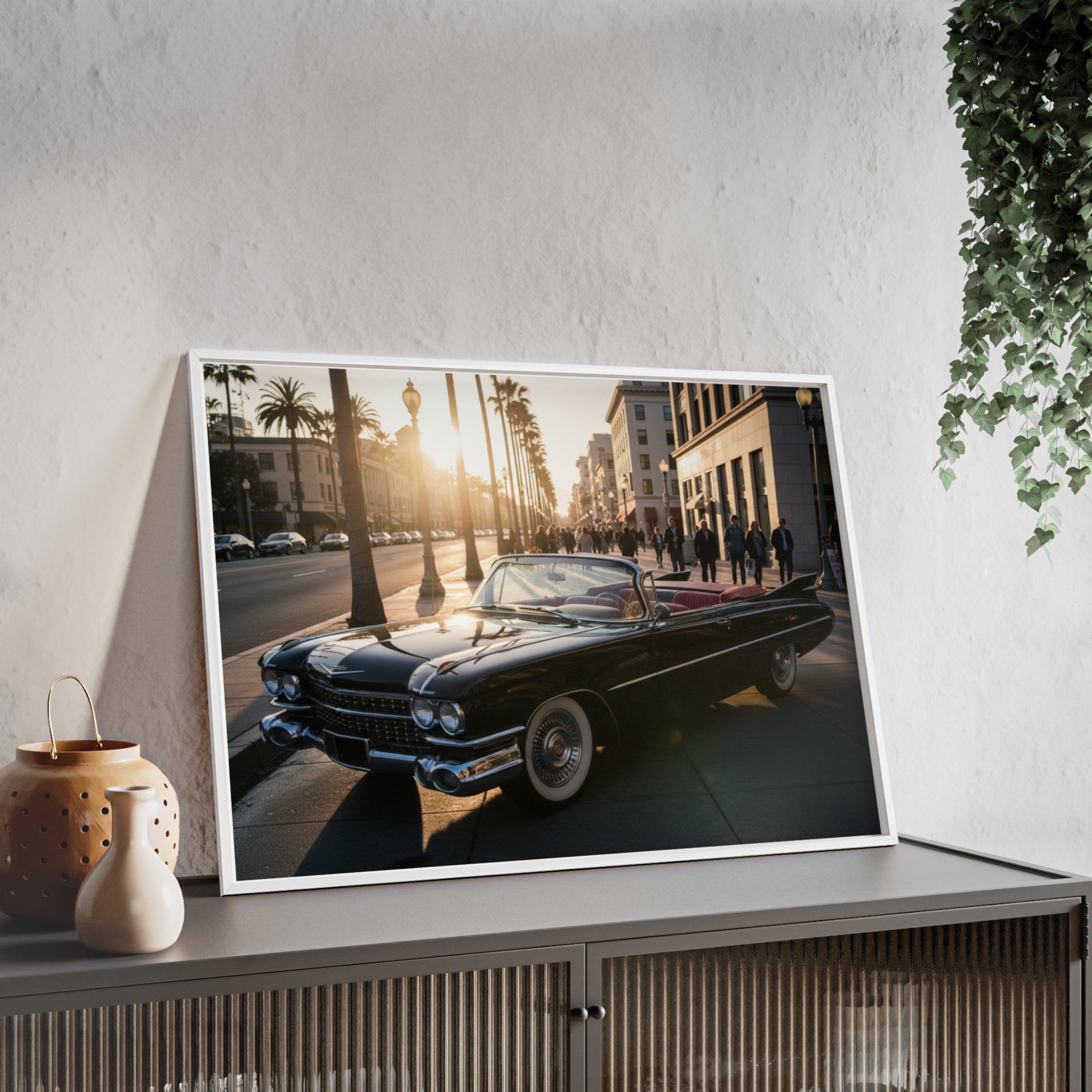 Vintage Convertible Sunset Poster with Wooden Frame