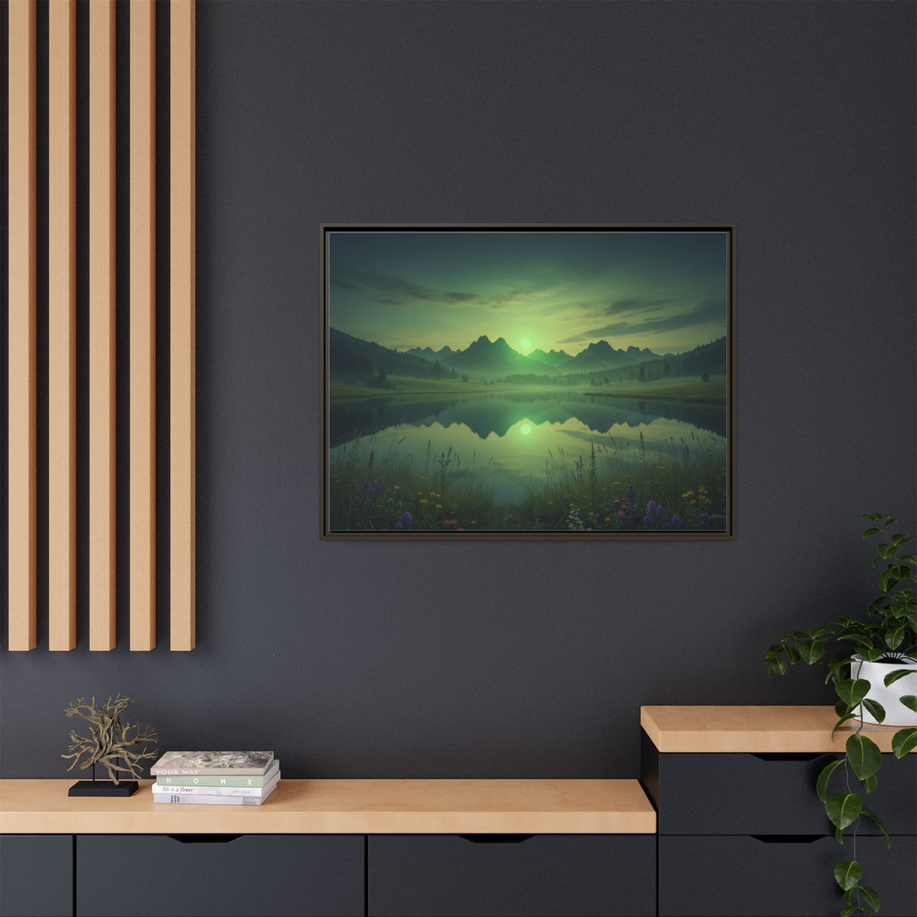 Framed Matte Canvas Print — Serene Green Mountain Lake Landscape