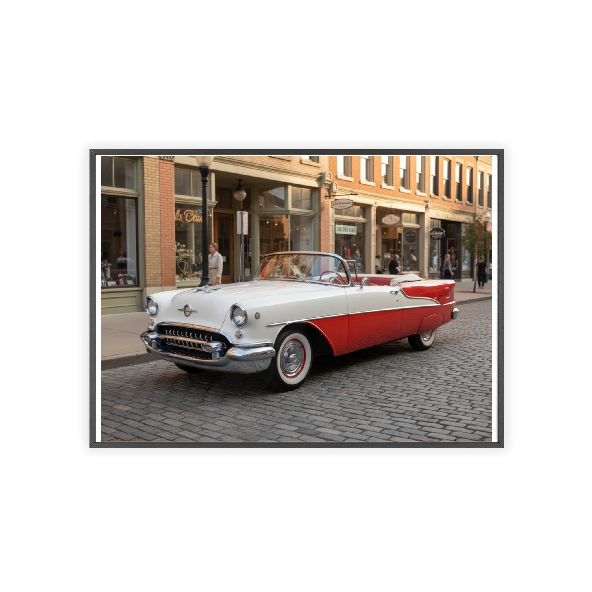 Vintage Red & White Convertible Poster with Wooden Frame — Retro Car Wall Art