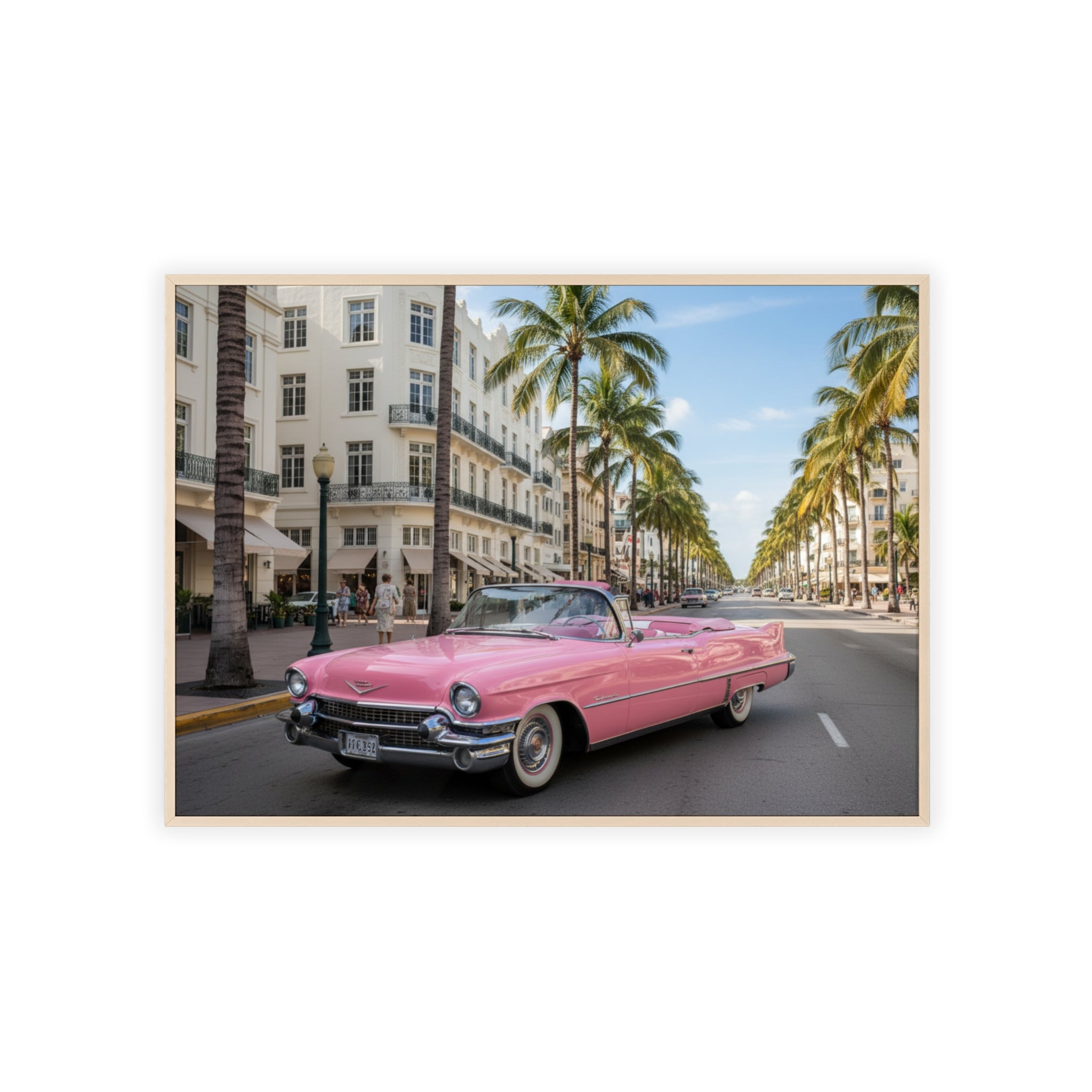 Vintage Pink Cadillac Wall Poster with Wooden Frame — Retro Miami Palm Street Photography