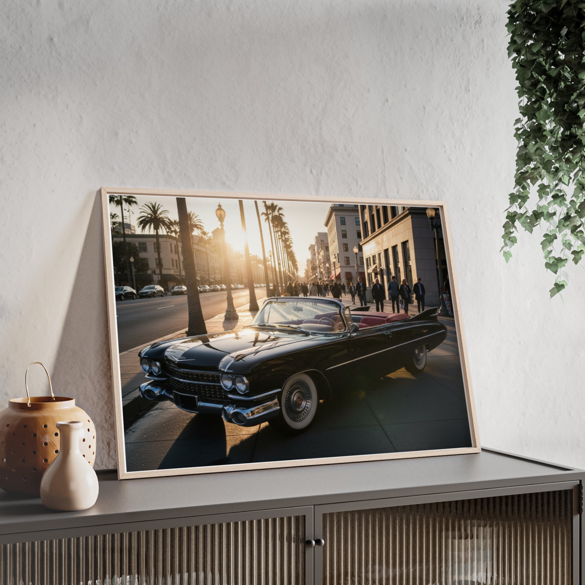 Vintage Convertible Sunset Poster with Wooden Frame