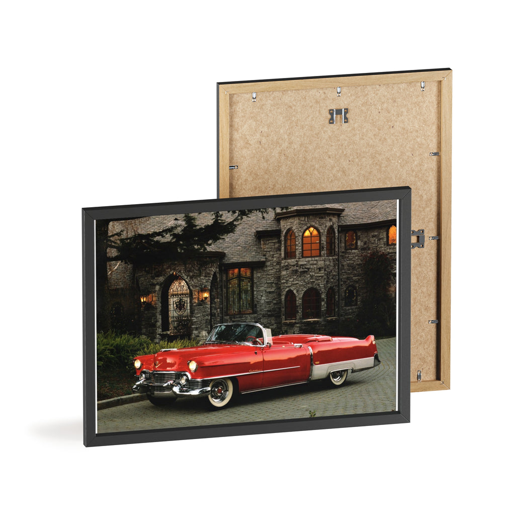 Vintage Red Convertible Poster with Wooden Frame — Classic Car Wall Art