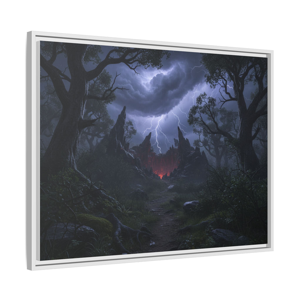 Dark Storm Forest Framed Canvas Print — Lightning, Haunted Castle Art