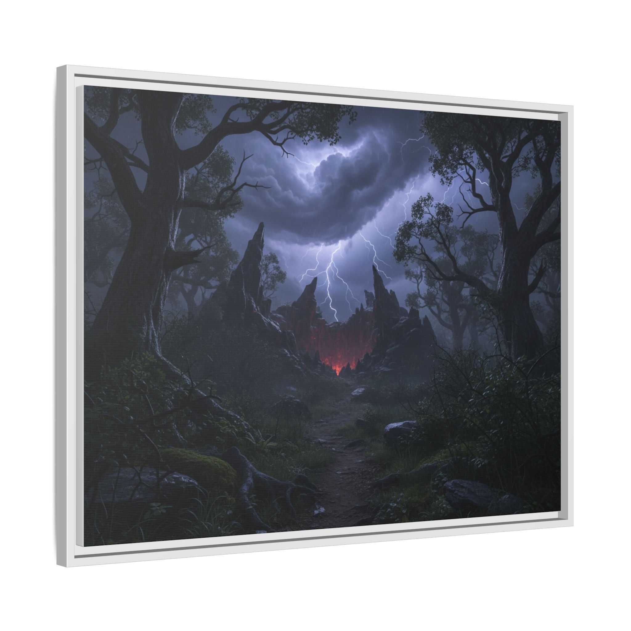 Dark Storm Forest Framed Canvas Print — Lightning, Haunted Castle Art