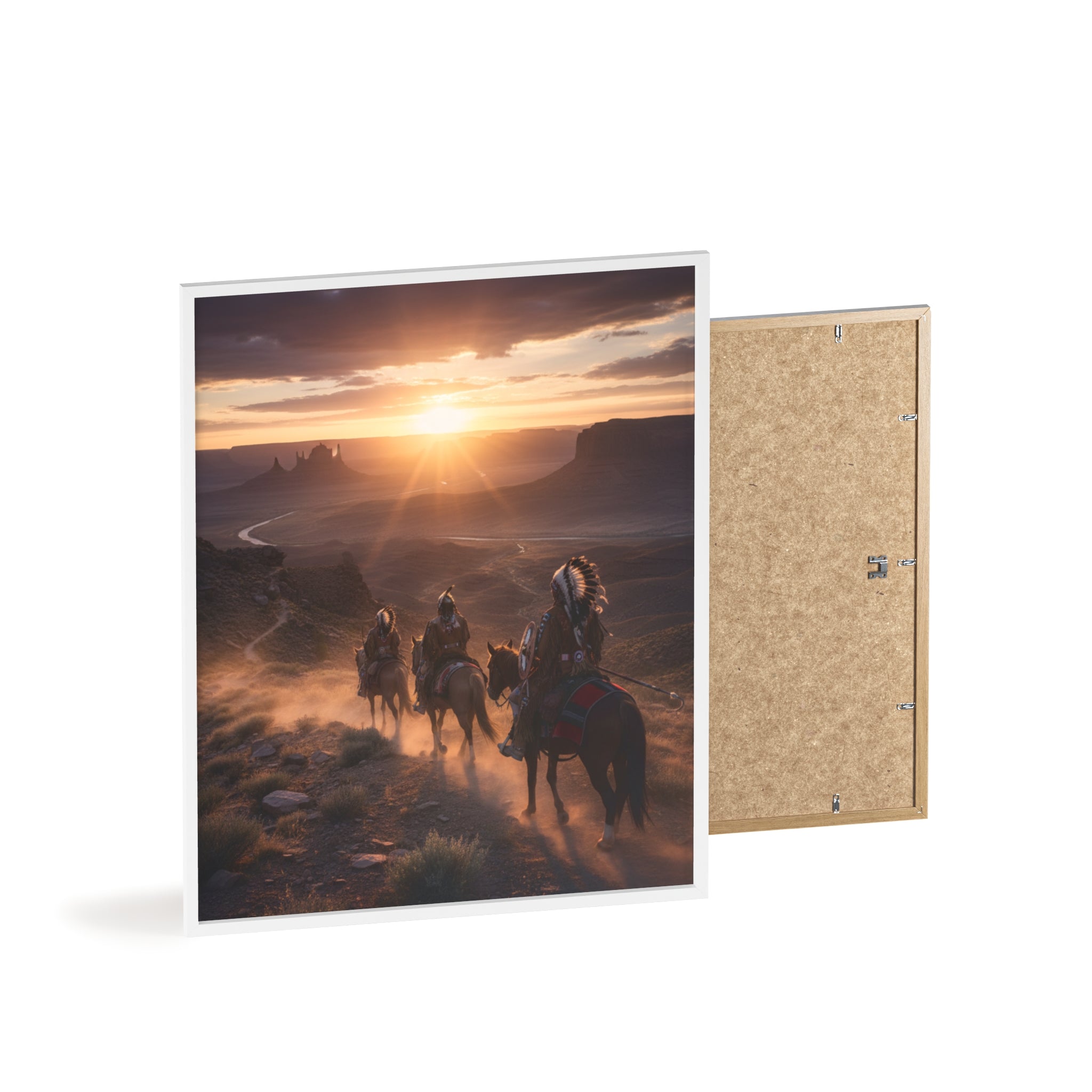 Framed Western Sunset Poster — Native Riders on Horseback Wall Art