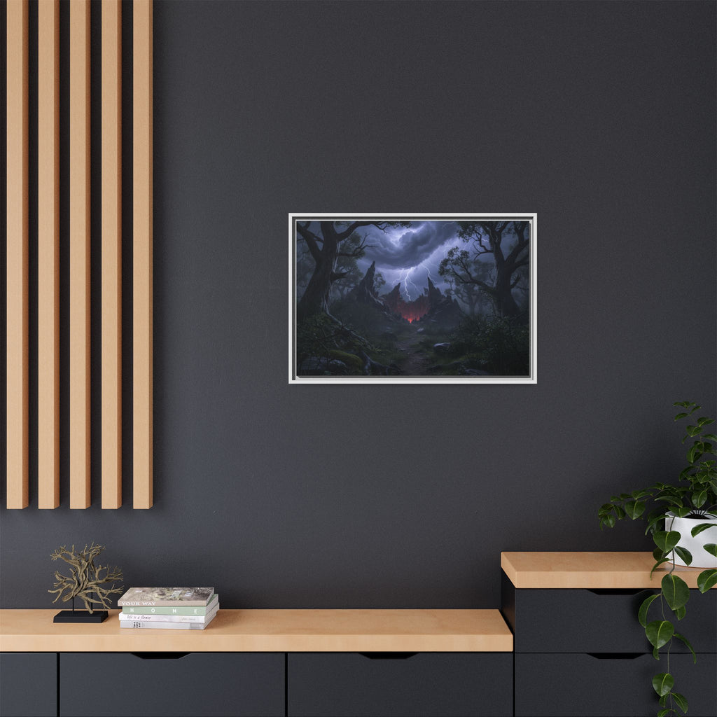 Dark Storm Forest Framed Canvas Print — Lightning, Haunted Castle Art