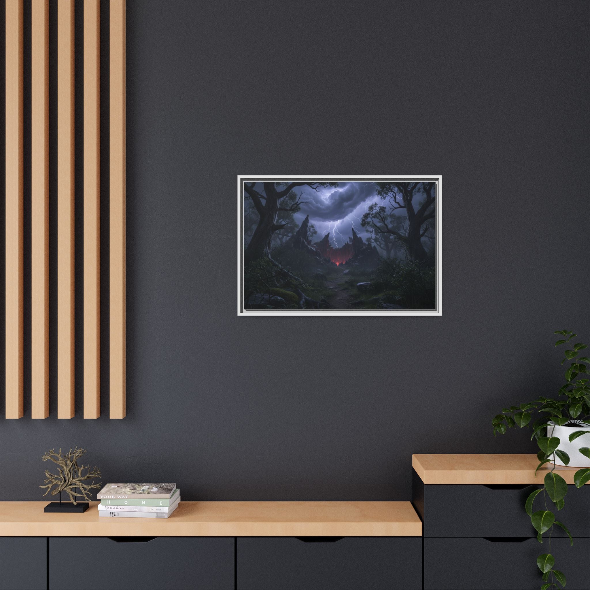 Dark Storm Forest Framed Canvas Print — Lightning, Haunted Castle Art