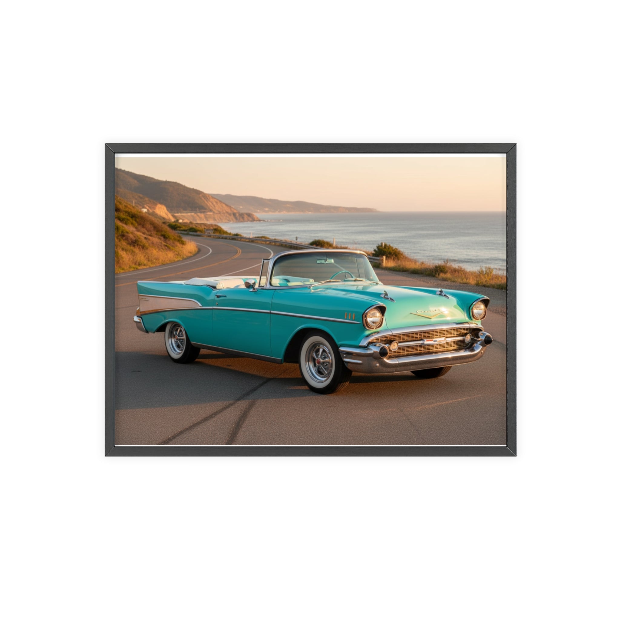Vintage Teal Classic Car Poster with Wooden Frame — Coastal Road Print