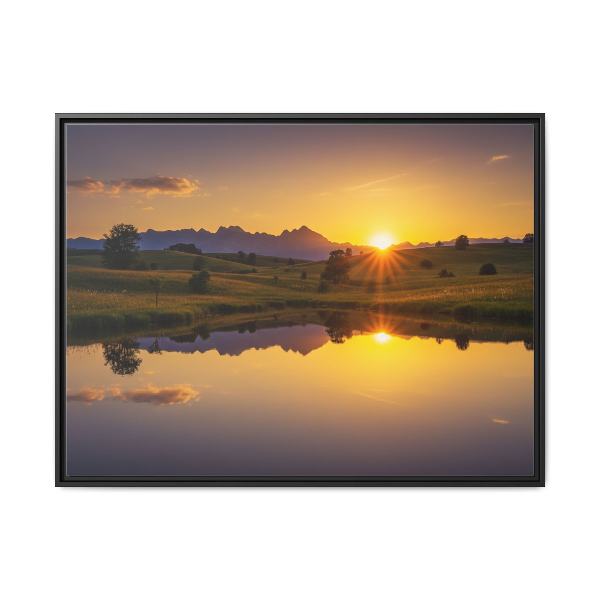 Framed Matte Canvas Sunset Landscape — Serene Lake Reflection Wall Art