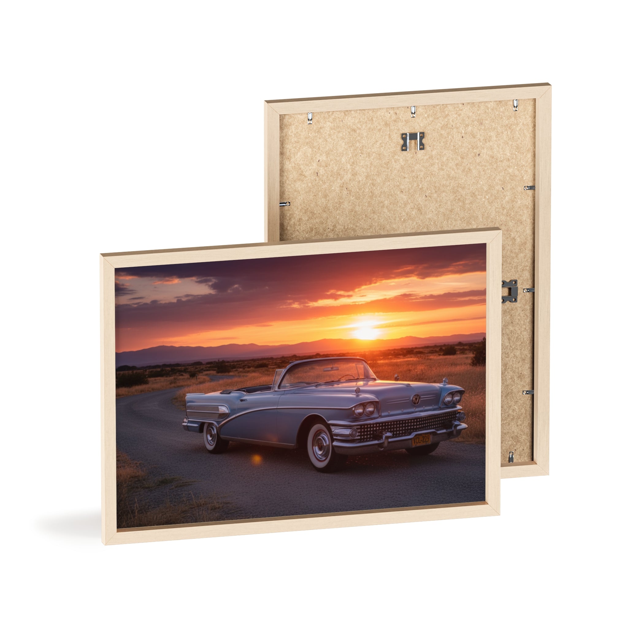 Vintage Convertible Sunset Poster with Wooden Frame