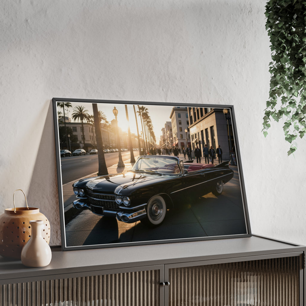 Vintage Convertible Sunset Poster with Wooden Frame