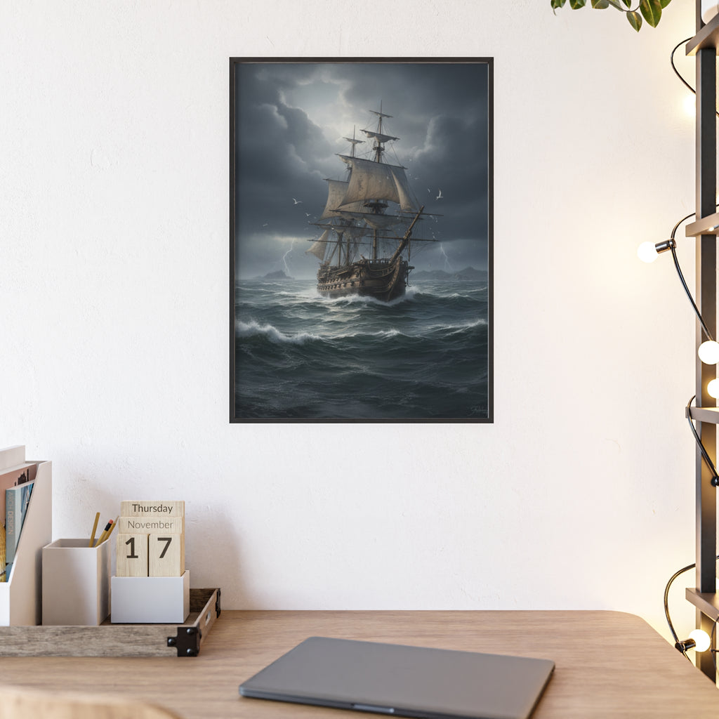 Framed Stormy Sea Ship Poster — Nautical Wall Art with Wooden Frame