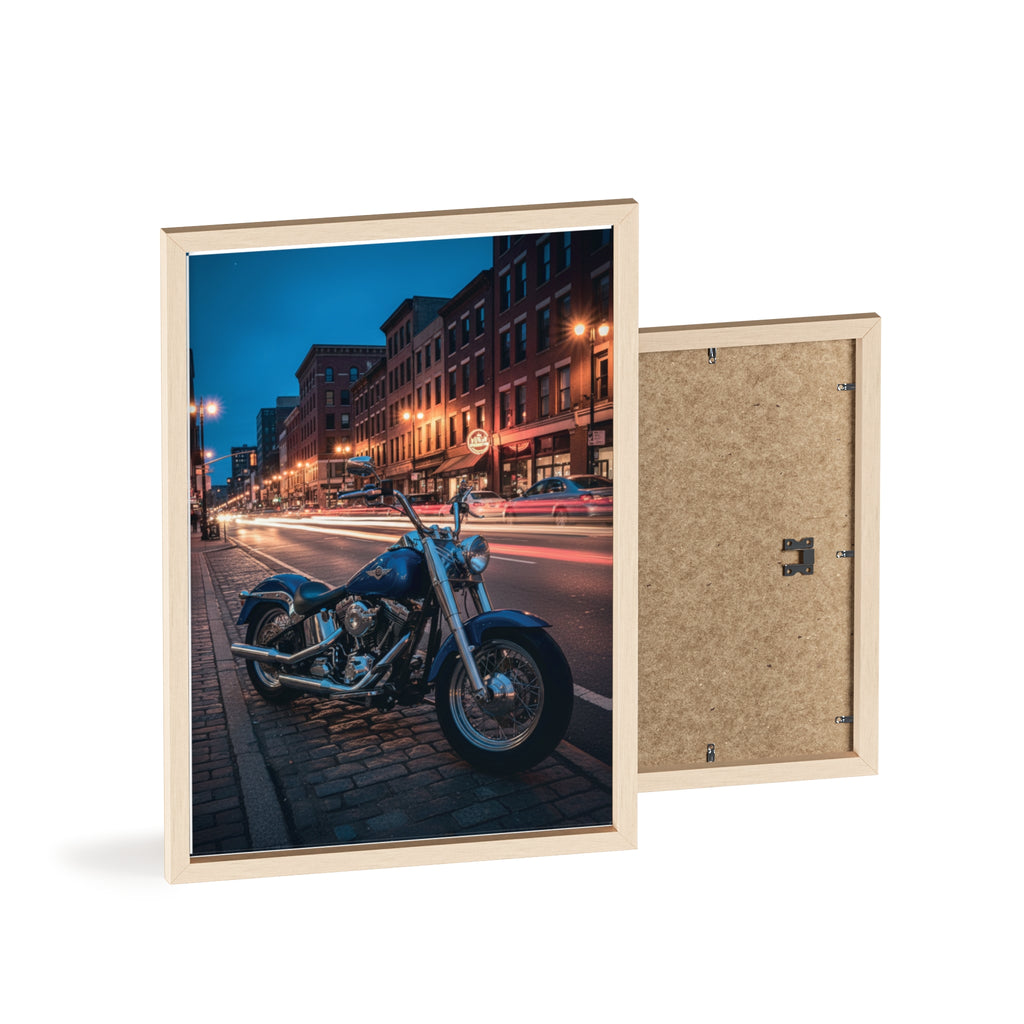 Framed Motorcycle Poster — Night City Street Bike Wall Art