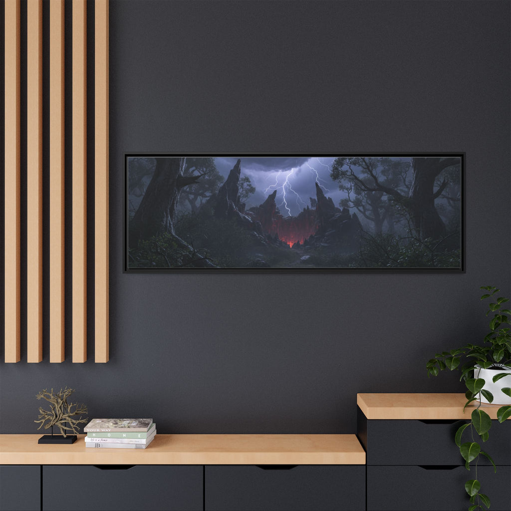 Dark Storm Forest Framed Canvas Print — Lightning, Haunted Castle Art
