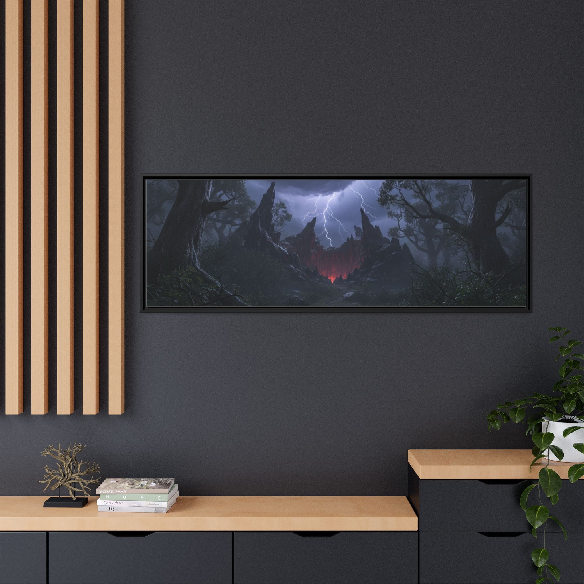 Dark Storm Forest Framed Canvas Print — Lightning, Haunted Castle Art