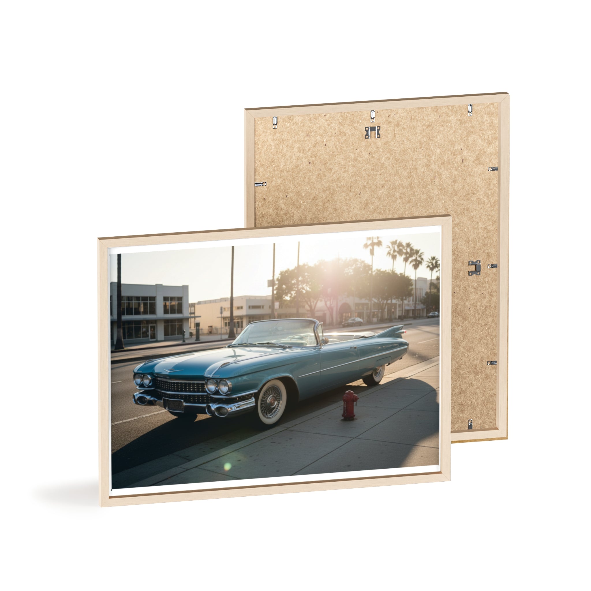 Vintage Blue Cadillac Poster with Wooden Frame – Retro Car Wall Art