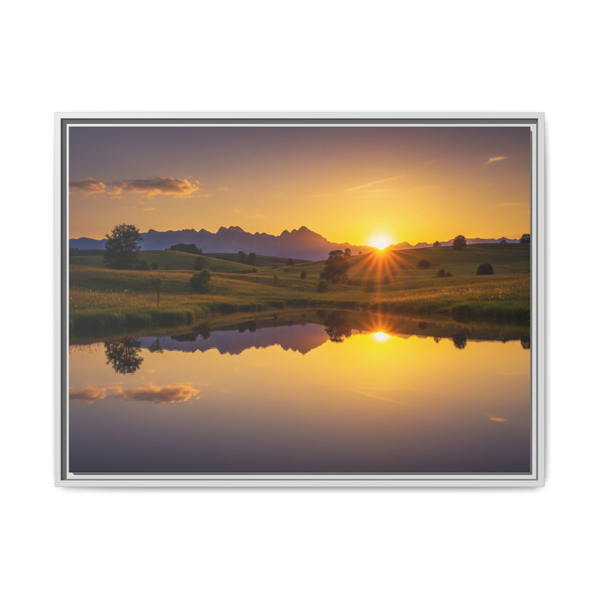 Framed Matte Canvas Sunset Landscape — Serene Lake Reflection Wall Art