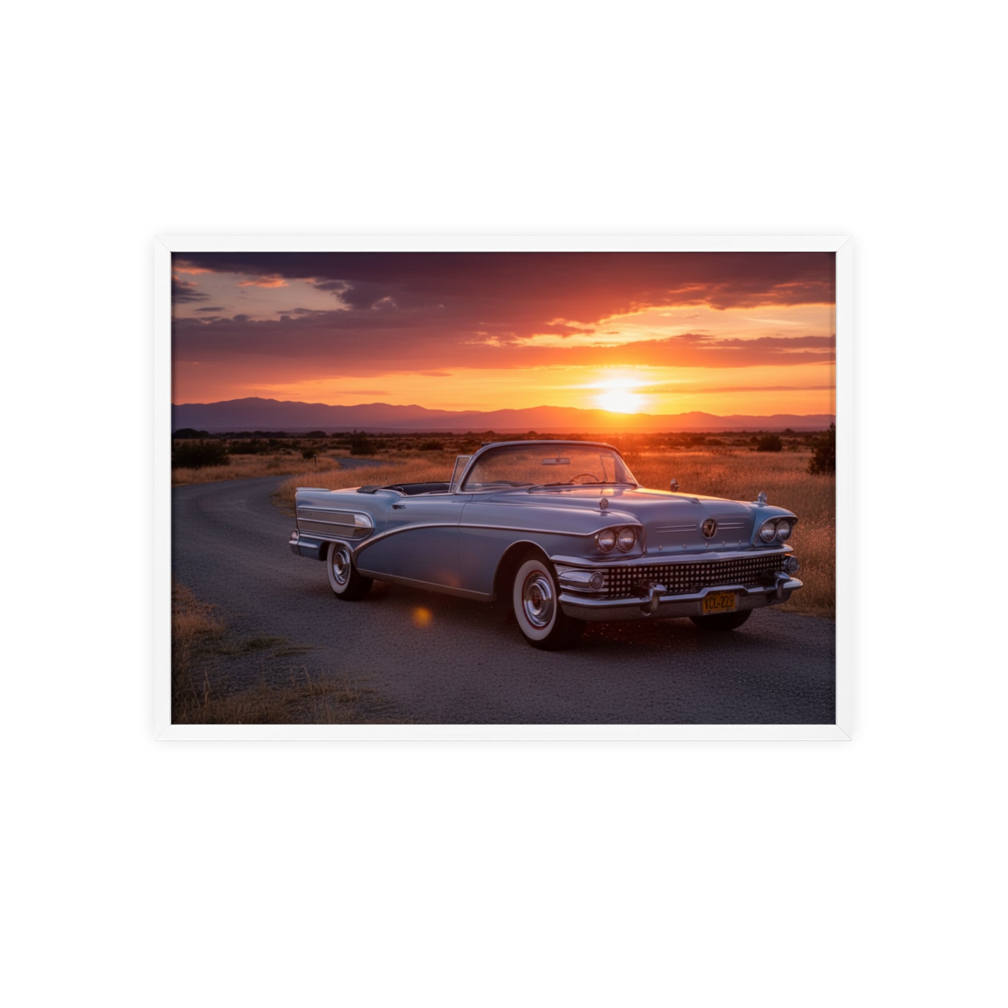 Vintage Convertible Sunset Poster with Wooden Frame