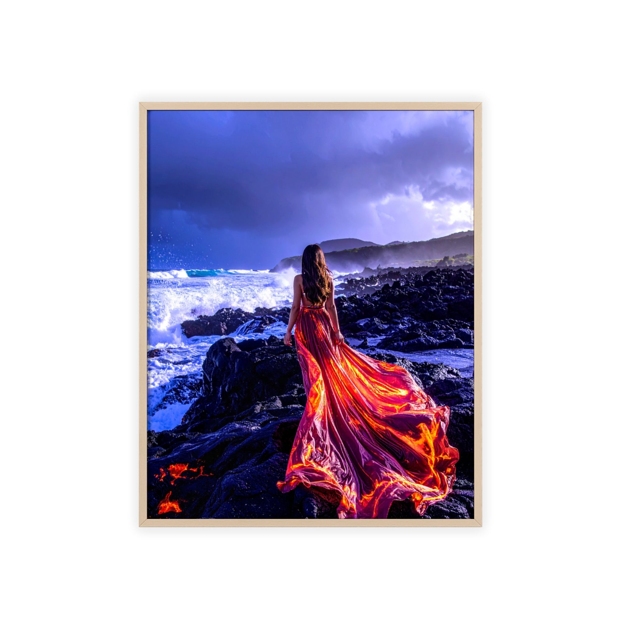 Framed Art Print — Woman in Fiery Red Dress on Rocky Shore (Wooden Frame Poster)