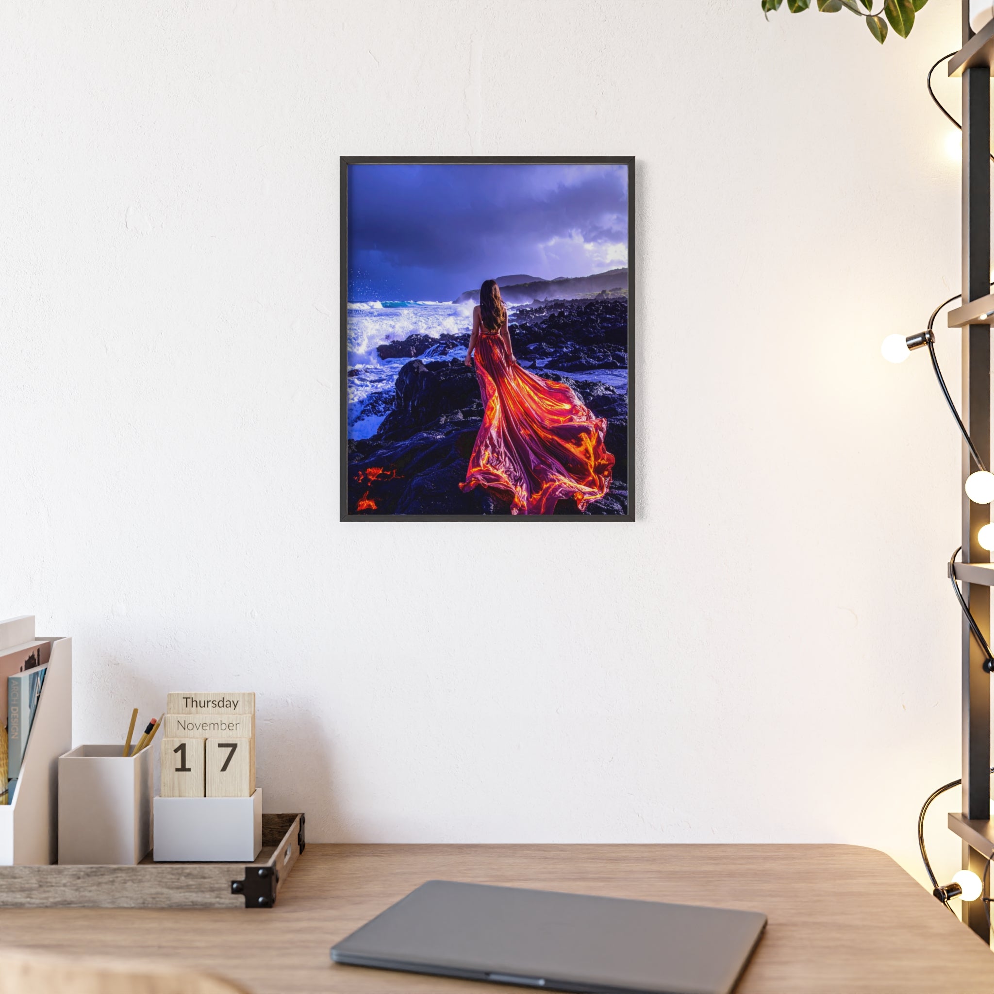 Framed Art Print — Woman in Fiery Red Dress on Rocky Shore (Wooden Frame Poster)