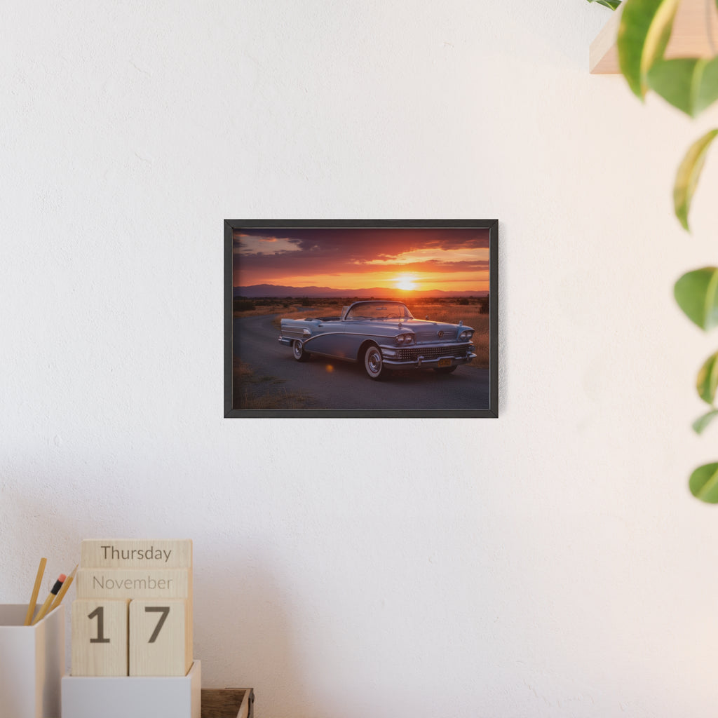 Vintage Convertible Sunset Poster with Wooden Frame