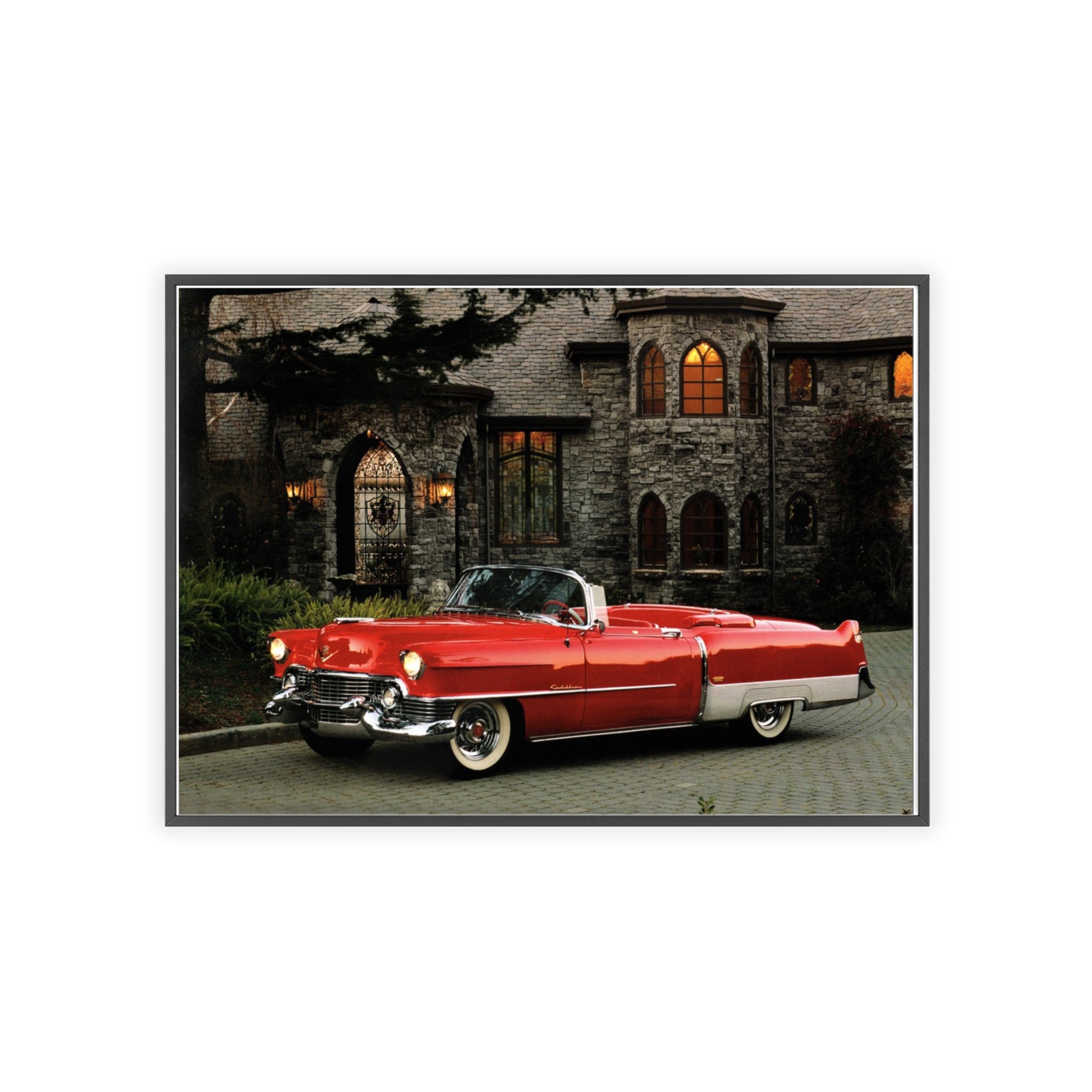Vintage Red Convertible Poster with Wooden Frame — Classic Car Wall Art