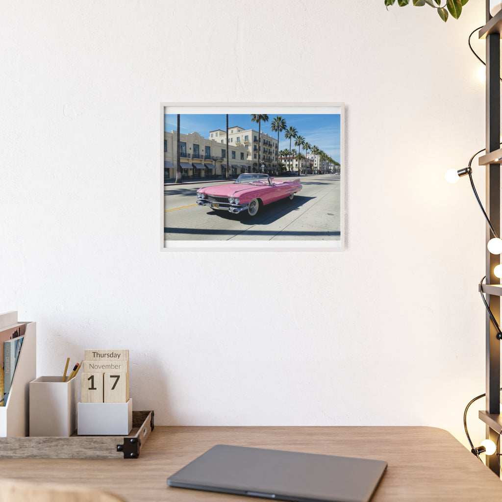 Retro Pink Cadillac Poster with Wooden Frame — Vintage Palm-Drive Wall Art