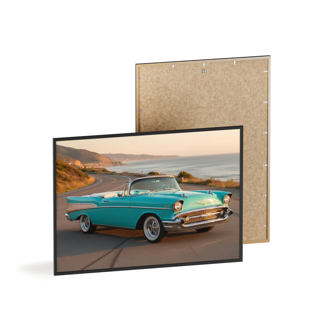 Vintage Teal Classic Car Poster with Wooden Frame — Coastal Road Print
