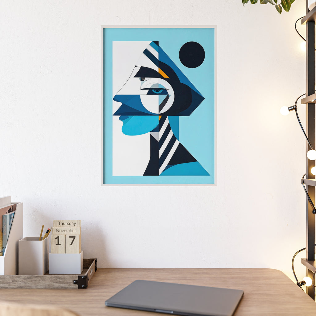 Abstract Geometric Portrait Poster with Wooden Frame — Blue Modern Wall Art