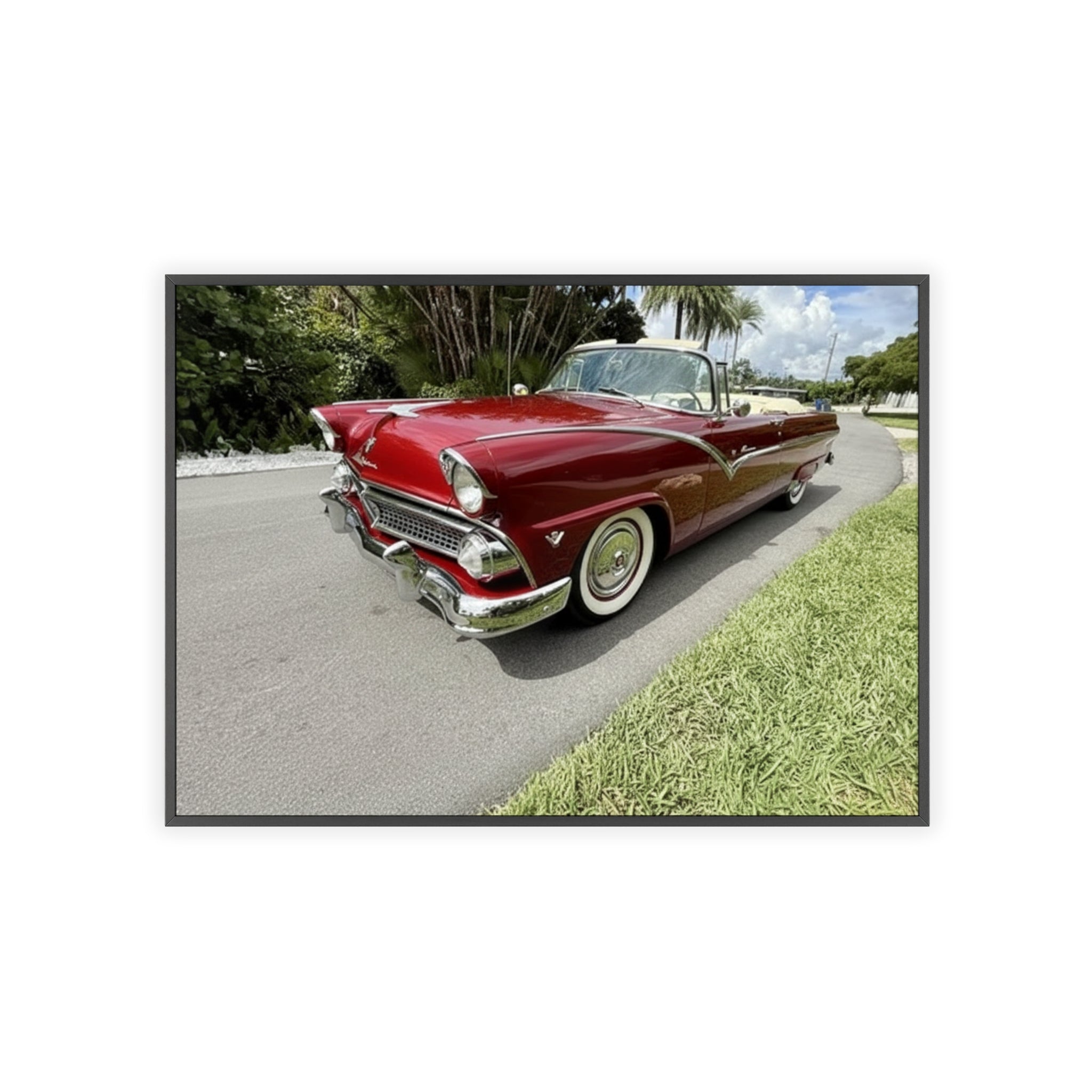 Vintage Red Convertible Poster with Wooden Frame — Classic Car Wall Art