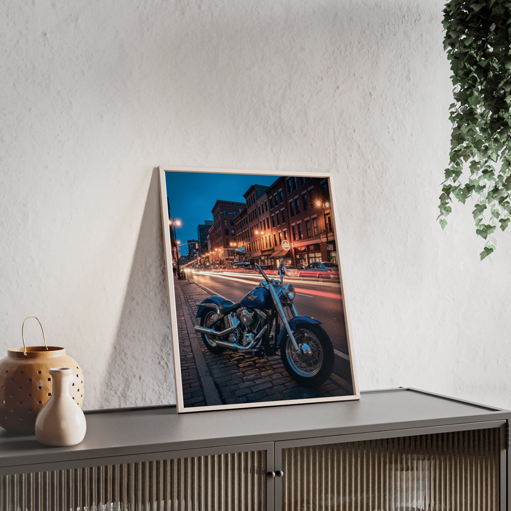 Framed Motorcycle Poster — Night City Street Bike Wall Art