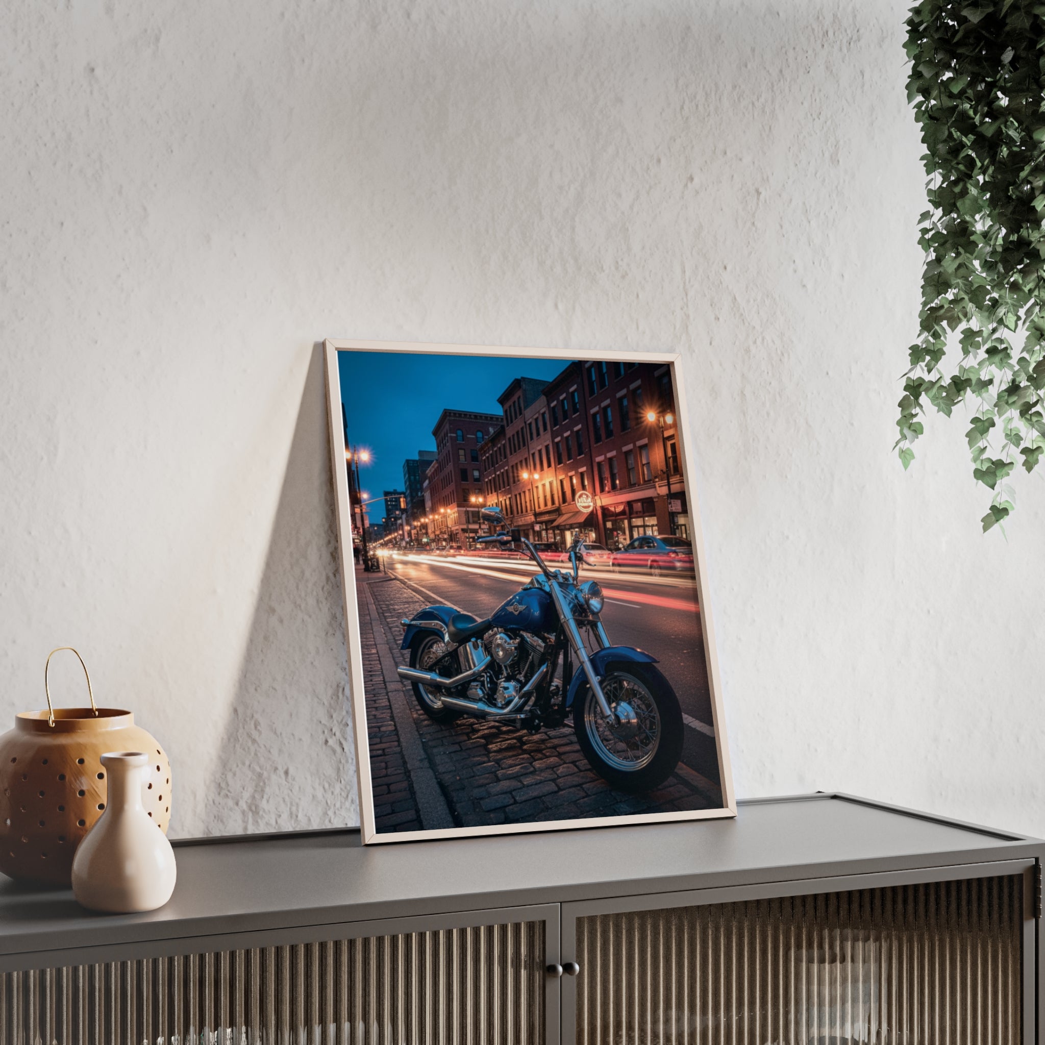 Framed Motorcycle Poster — Night City Street Bike Wall Art