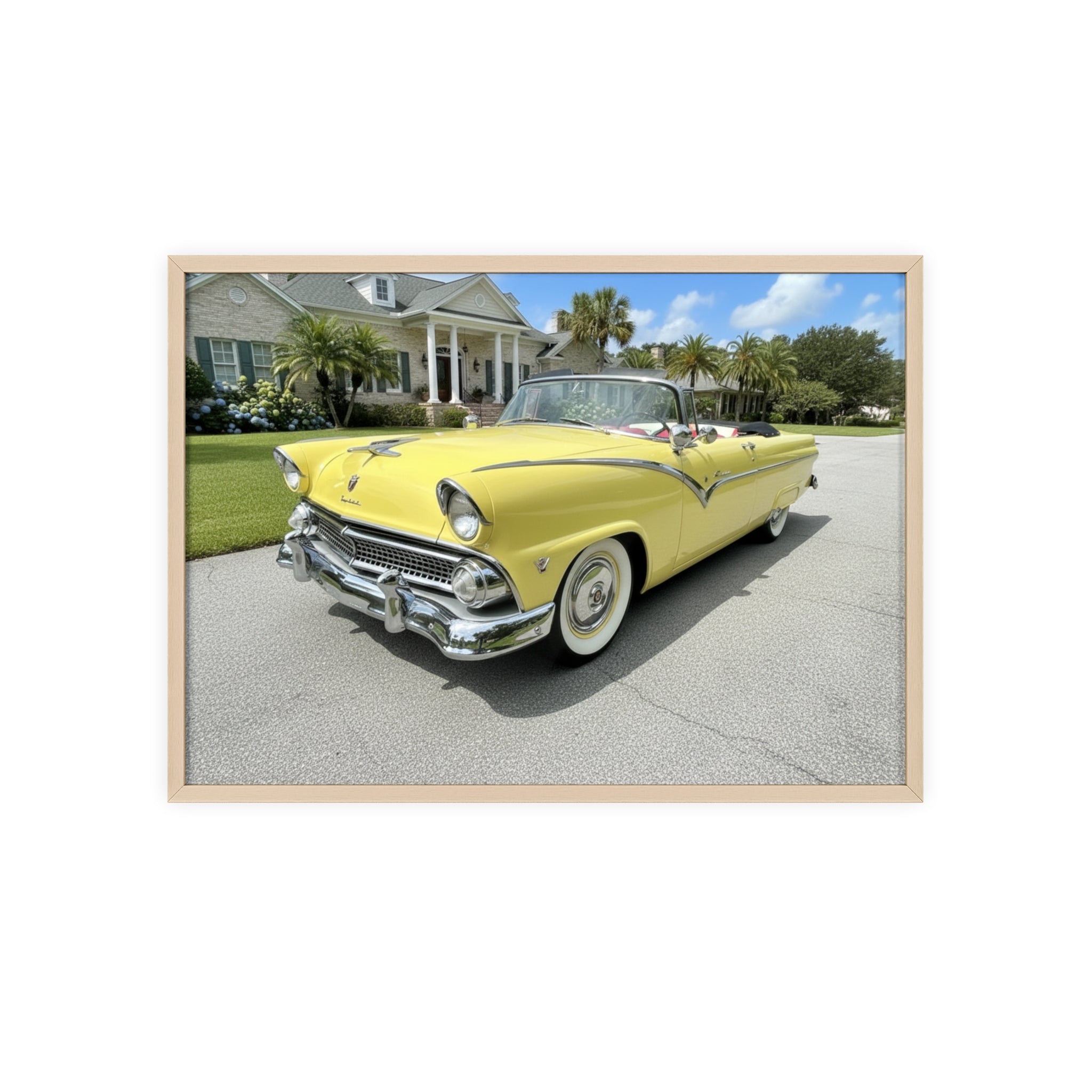 Vintage Yellow Classic Car Poster — Framed Wooden Wall Art