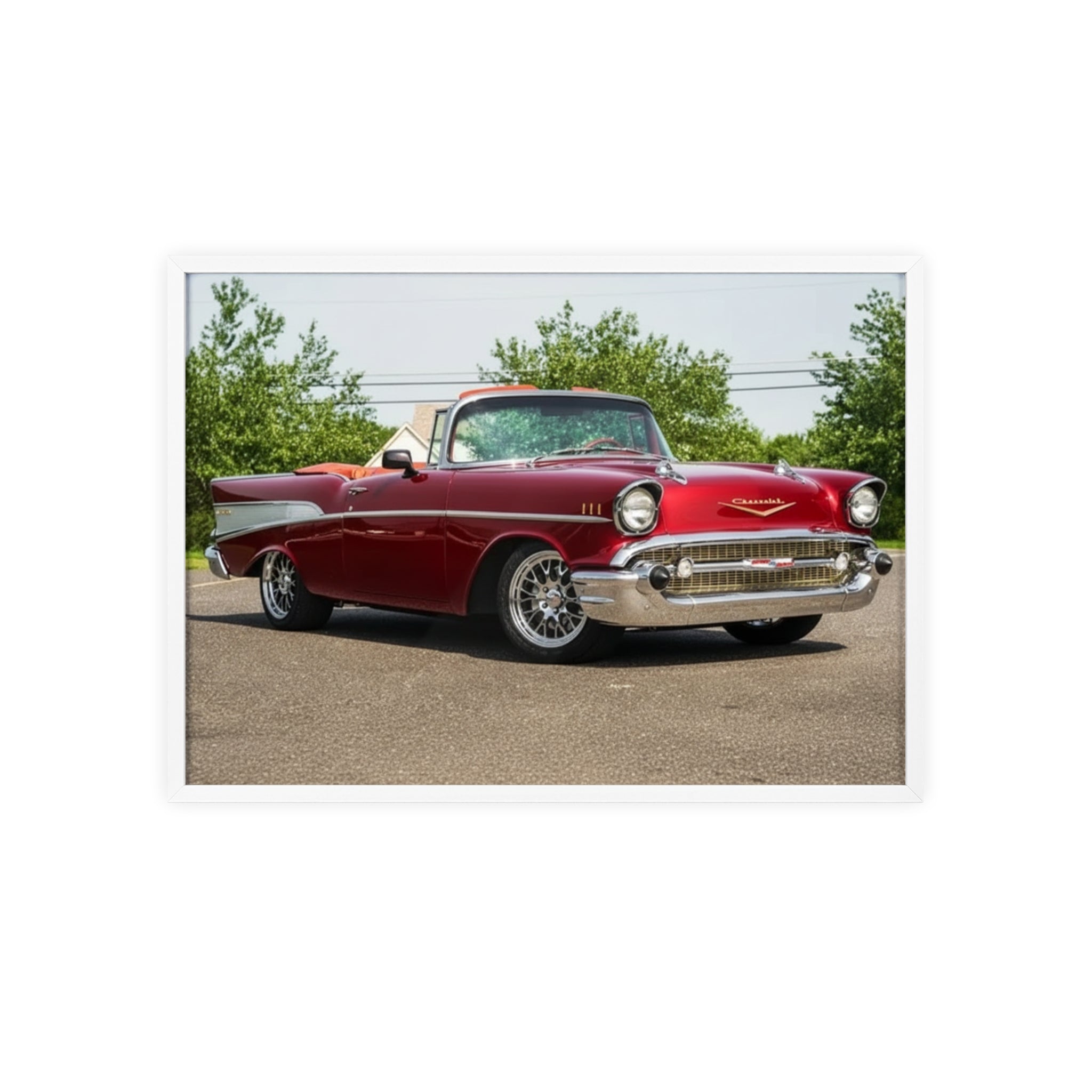 Vintage Red Classic Car Poster with Wooden Frame — Retro Automotive Wall Art