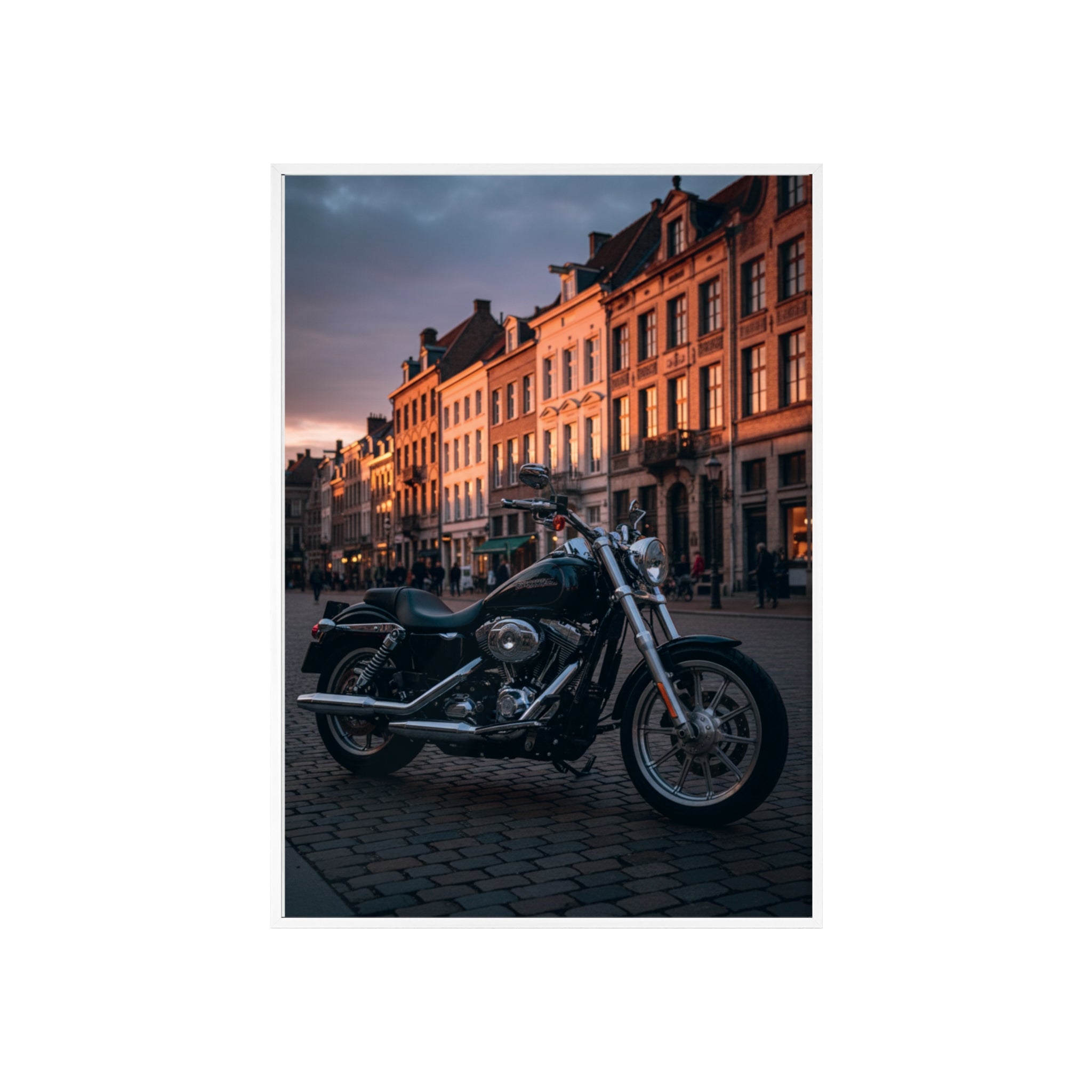 Vintage Motorcycle Poster with Wooden Frame — Urban Sunset Bike Wall Art