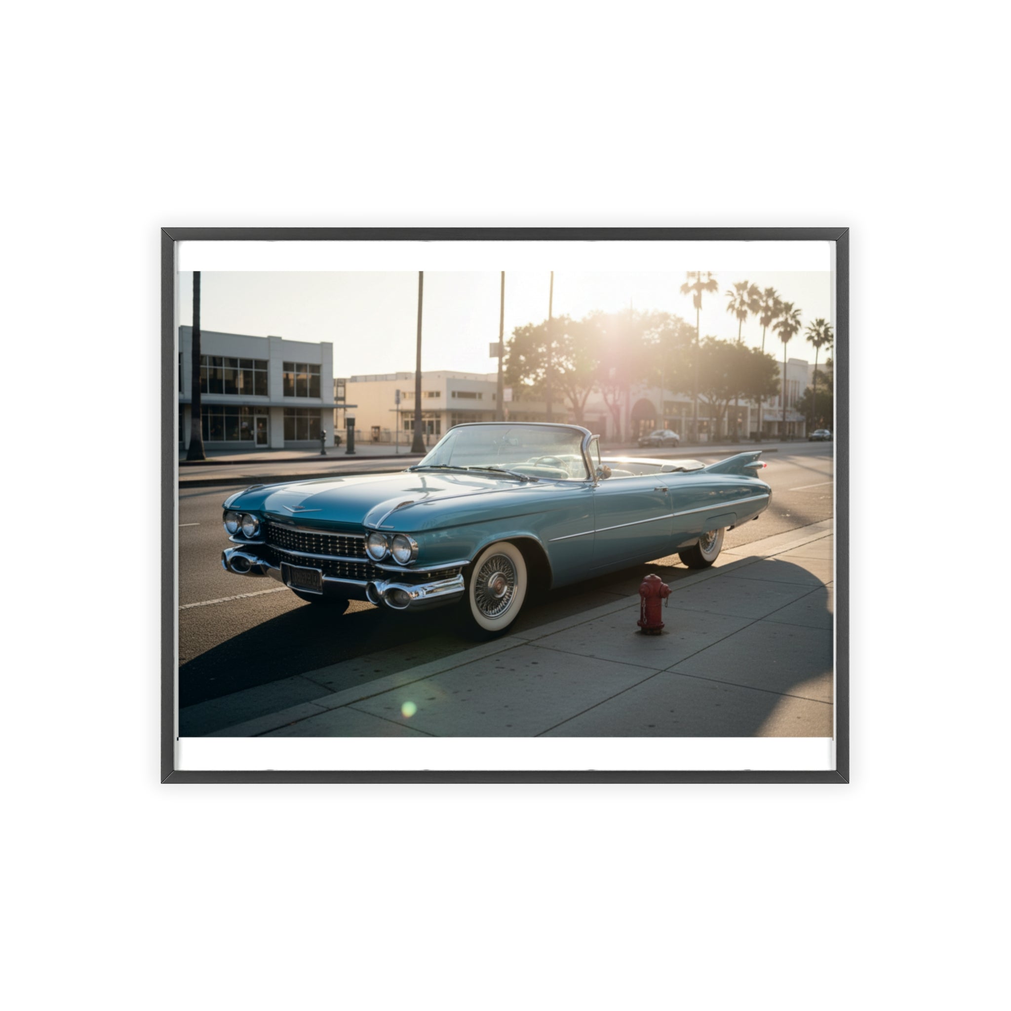 Vintage Blue Cadillac Poster with Wooden Frame – Retro Car Wall Art