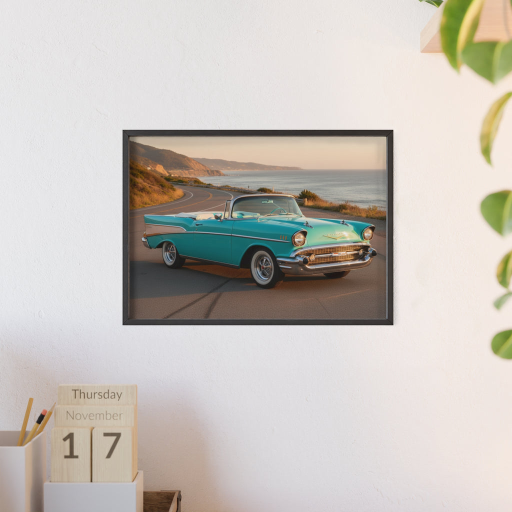 Vintage Teal Classic Car Poster with Wooden Frame — Coastal Road Print