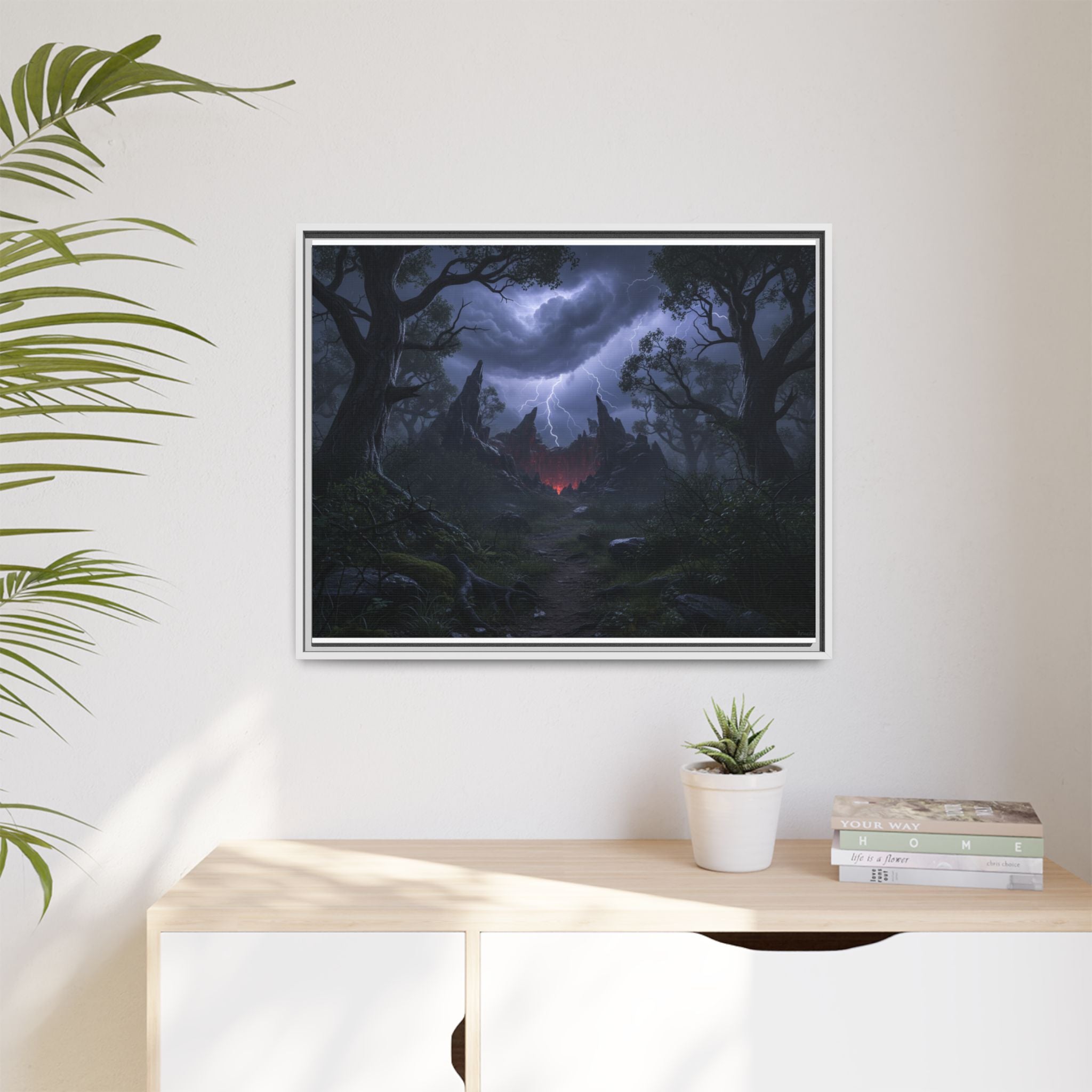 Dark Storm Forest Framed Canvas Print — Lightning, Haunted Castle Art