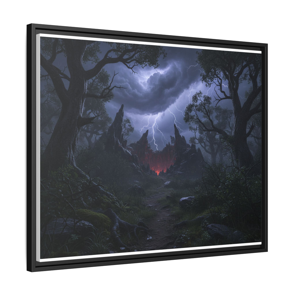 Dark Storm Forest Framed Canvas Print — Lightning, Haunted Castle Art