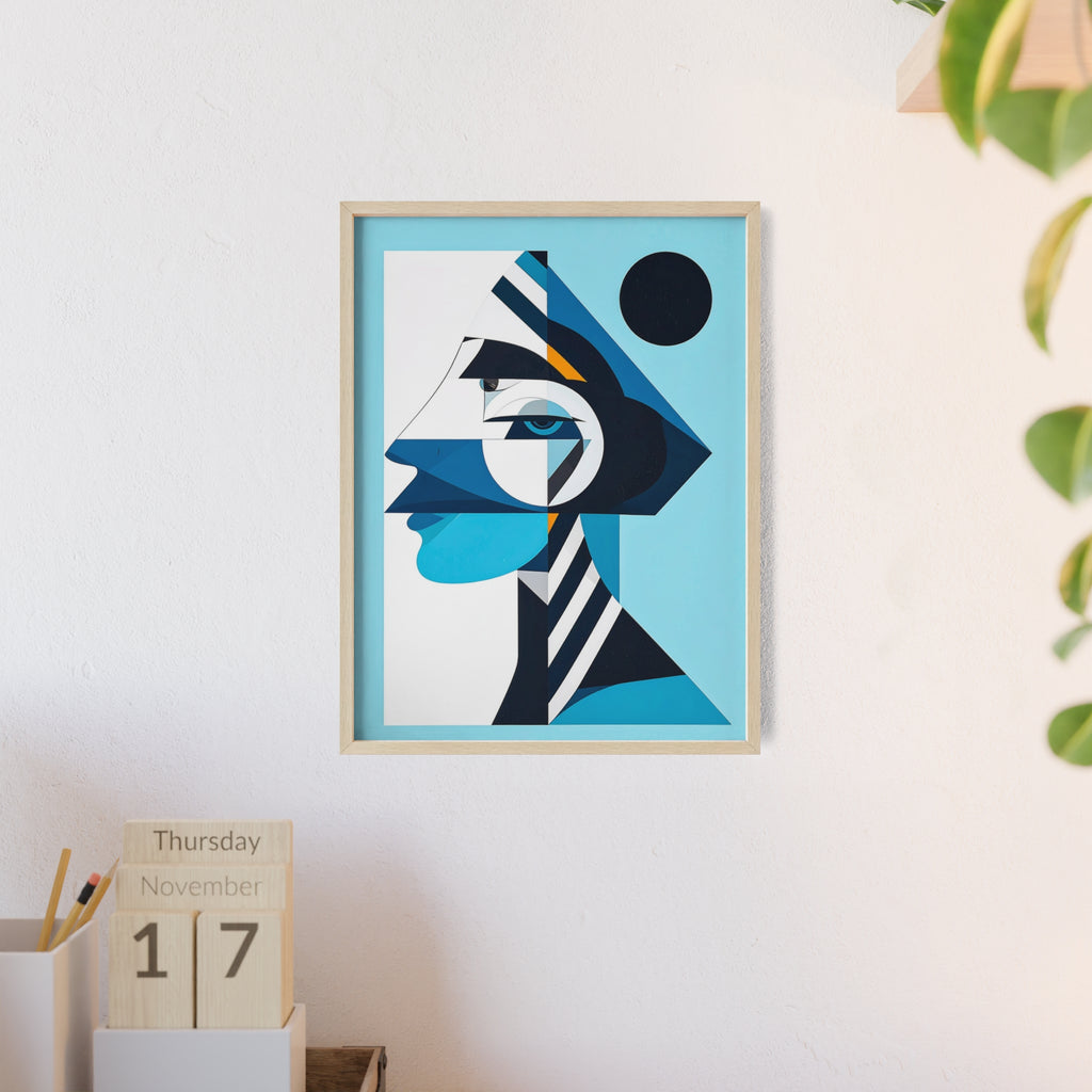 Abstract Geometric Portrait Poster with Wooden Frame — Blue Modern Wall Art