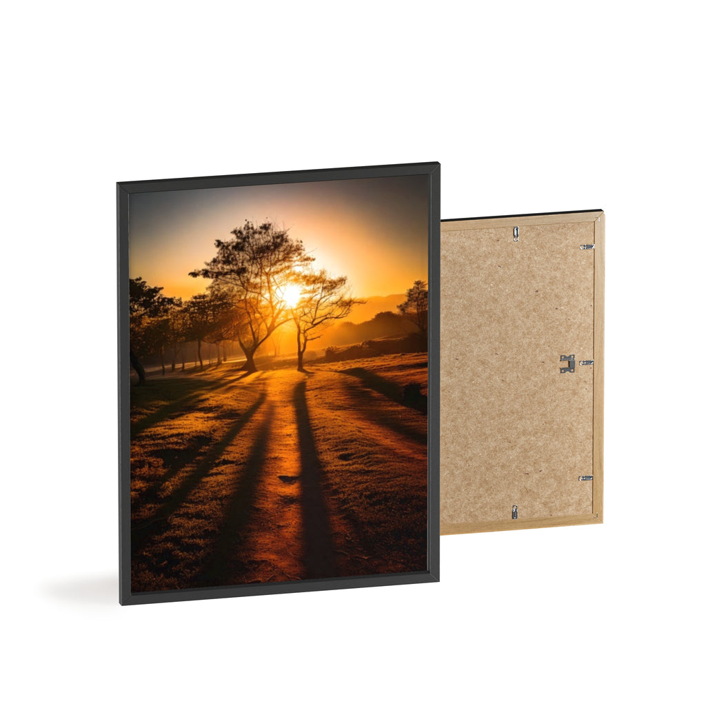 Sunrise Forest Poster — Framed Wooden Wall Art (Sunlit Trees)