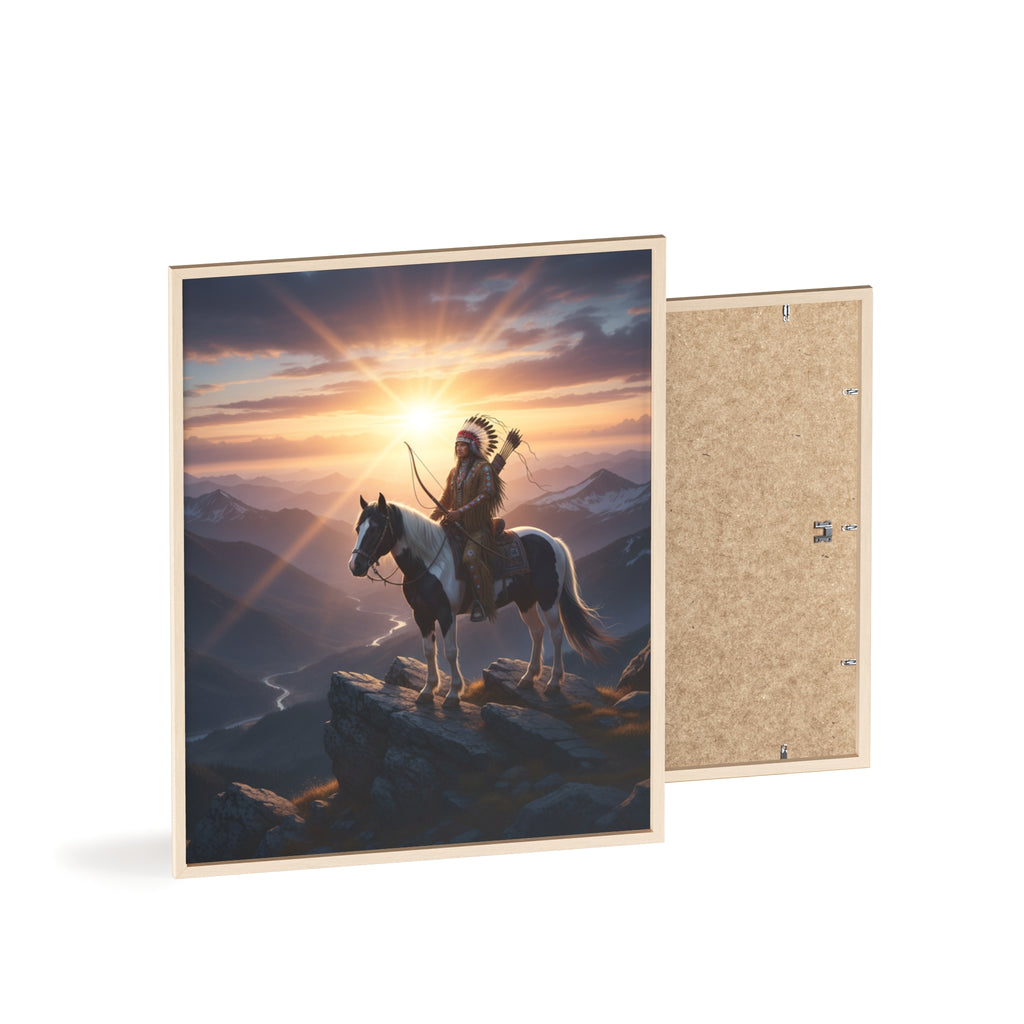 Native American Warrior on Horse Framed Poster — Scenic Sunrise Wall Art