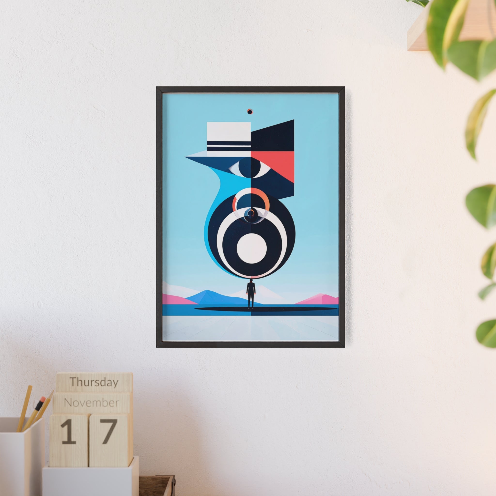 Abstract Geometric Bird Poster with Wooden Frame — Modern Minimalist Wall Art