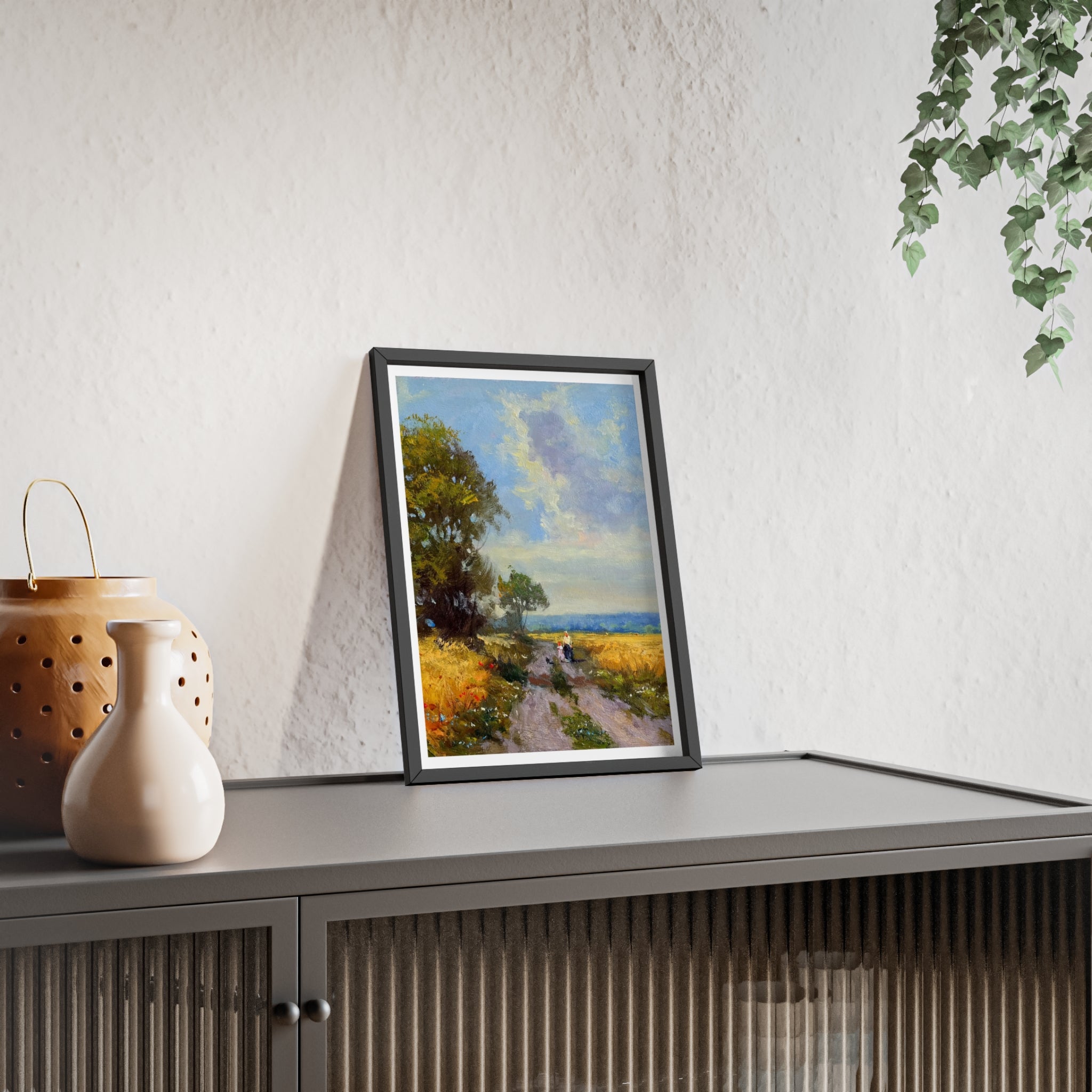 Framed Countryside Landscape Poster — Rustic Wooden Frame Wall Art